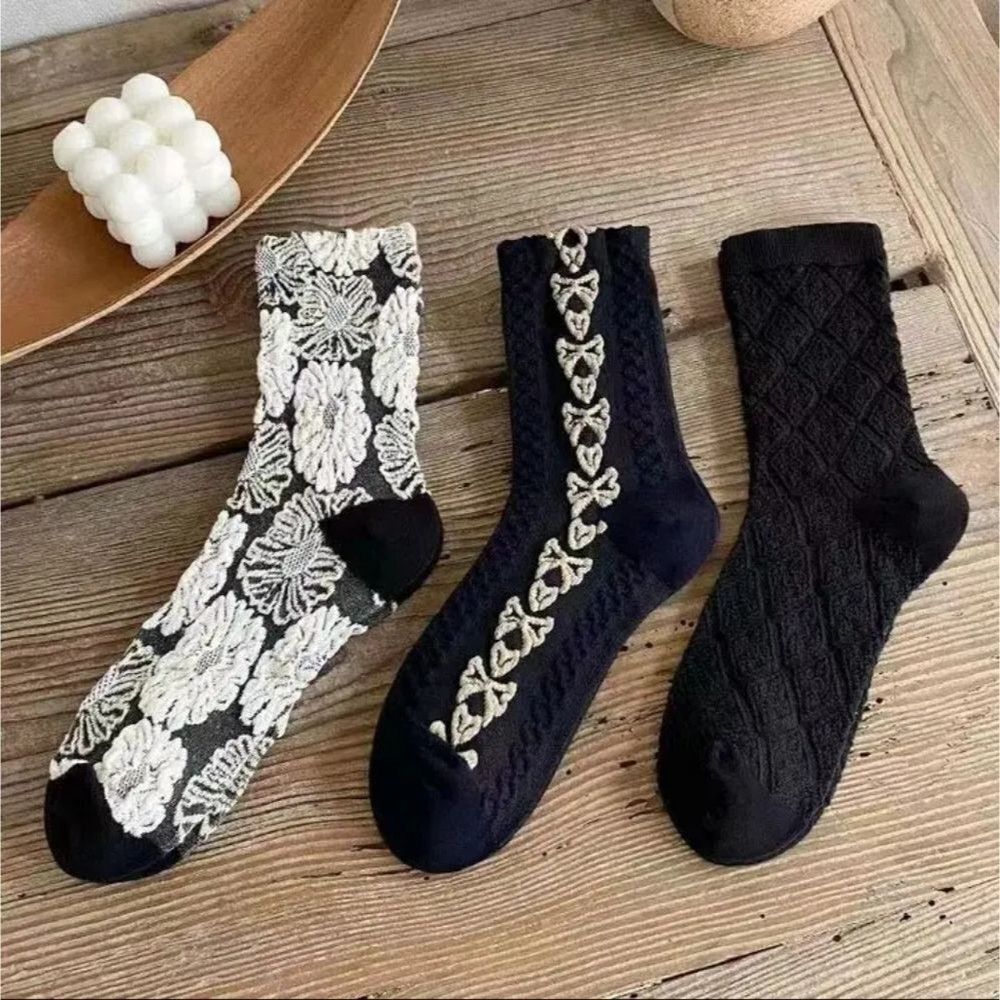 Cottagecore Embroidered floral tube dress Socks black and white bows